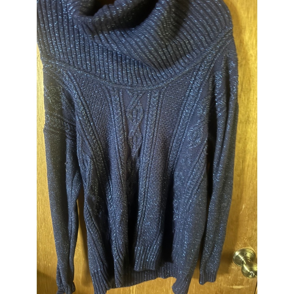 Beldini Womens Navy Blue Metallic Lurex Cowl Neck Cable Knit Sweater Size M